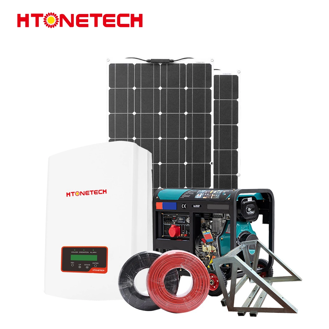 Htonetech 550W Monocrystalline PV Solar Panels Grid Tie Inverter Hybrid China Energy Meter CT Running Solar Power System with Air Container Diesel Generator