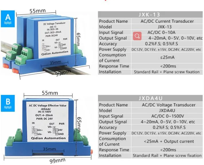 Single Phase AC DC Current Transducer with 4-20mA 0-5V Output 0-5A Input Current Sensor DC24V DC12V Power Current Transmitter