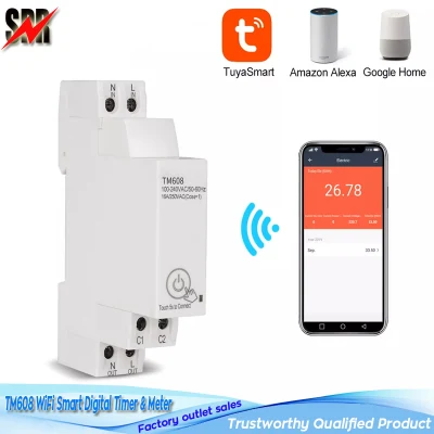 모델 TM608 18mm WiFi 스마트 단상 디지털 타이머 및 미터(에너지 모니터링 AC 110V 220V 16A 기능이 있는 원격 제어 WiFi 스마트 조명 제어 스위치 프로그래머)